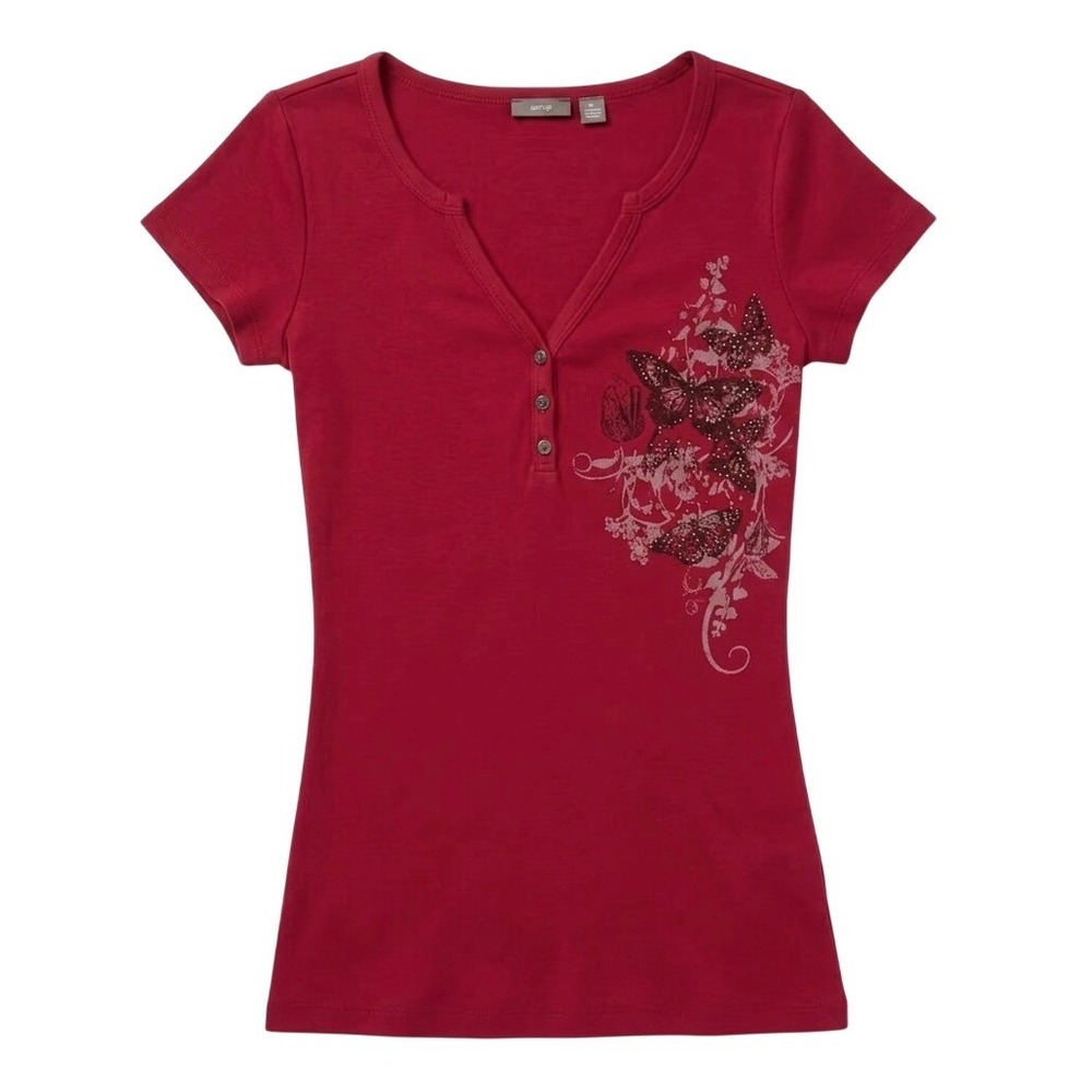 Henley Top Womens Small Burgundy Excellent Butterfly Graphic Tee